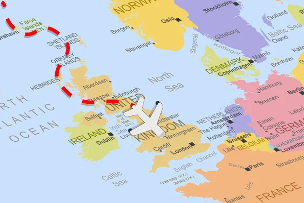 Wielka Brytania Samolotem Kreską Mapie Europy Zbliżenie Wielka Brytania Wakacje — Wektor stockowy