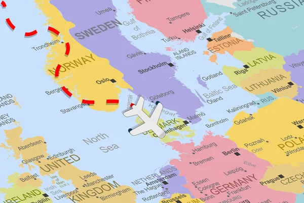 Danemark Avec Avion Ligne Pointillée Sur Carte Europe Gros Plan — Image vectorielle