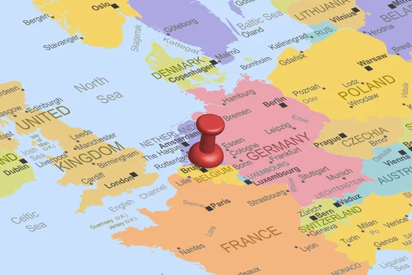 ヨーロッパ地図上の赤いファスナープッシュピンを持つベルギー 閉じるベルギー 固定先 旅行のアイデア 場所のアイコンとカラフルな地図 休暇や道路の旅のコンセプト トップビュー — ストックベクタ