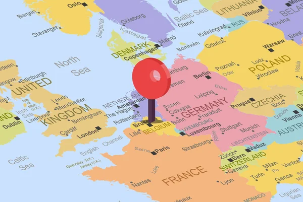 ベルギーヨーロッパ地図上の赤い場所のプレースホルダーと ベルギーを閉じます 固定先 トップビュー 場所のアイコンを持つカラフルな地図 旅行のアイデア 休暇や道路の旅のコンセプト — ストックベクタ