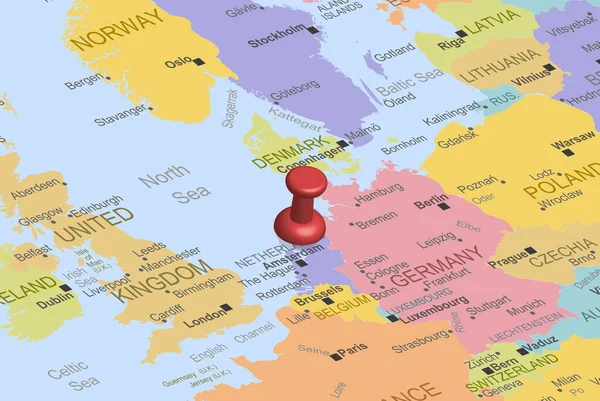 ヨーロッパ地図上の赤いファスナープッシュピンを持つオランダ 閉鎖オランダ 固定先 旅行のアイデア 場所のアイコンとカラフルな地図 休暇や道路の旅のコンセプト トップビュー — ストックベクタ