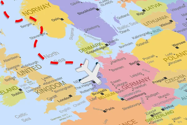 Pays Bas Avec Avion Ligne Pointillée Sur Carte Europe Gros — Image vectorielle