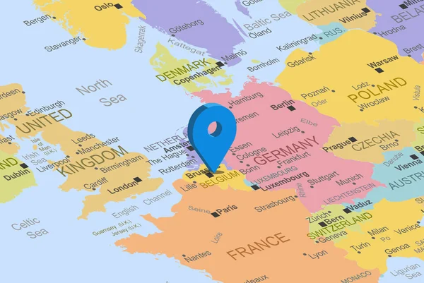 ヨーロッパ地図上の青いプレースホルダーピンを持つベルギー 閉じるベルギー 場所のアイコンを持つカラフルな地図 旅行のアイデア 休暇や道路の旅のコンセプト 固定先 トップビュー — ストックベクタ