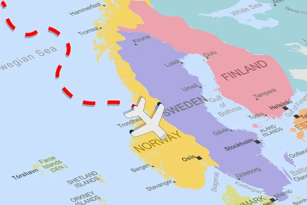 Norwegia Samolotem Przerywaną Linią Mapie Europy Zbliżenie Norwegii Koncepcja Wakacji — Wektor stockowy