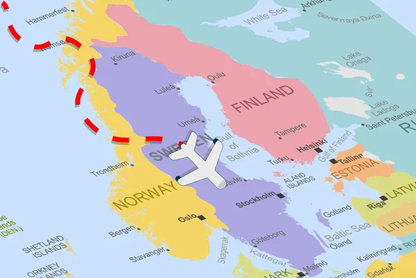 Sverige Med Flyg Och Streckad Linje Europakarta Närbild Sverige Semester — Stock vektor