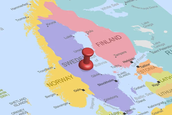 Suède Avec Attache Rouge Sur Carte Europe Gros Plan Suède — Image vectorielle