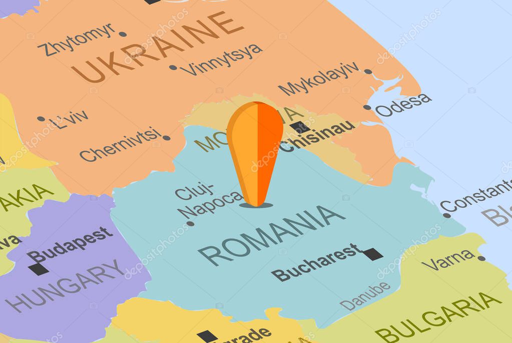 Romania with orange placeholder pin on europe map, close up Romania, vacation and road trip concept, pinned destination, travel idea, top view, colorful map with location icon