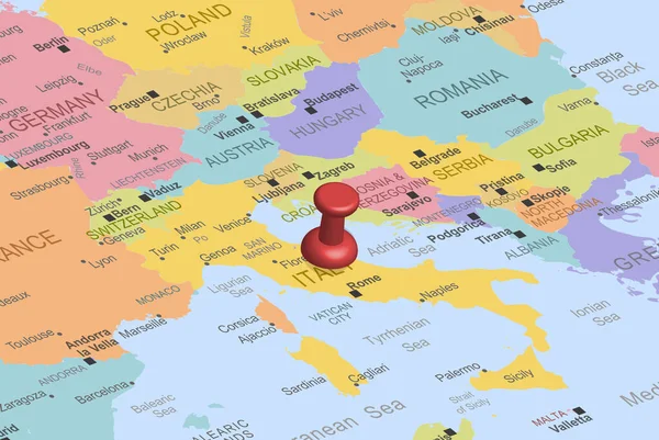 Італія Червоною Шпилькою Карті Євро Близька Італії Прикріплена Місця Призначення — стоковий вектор