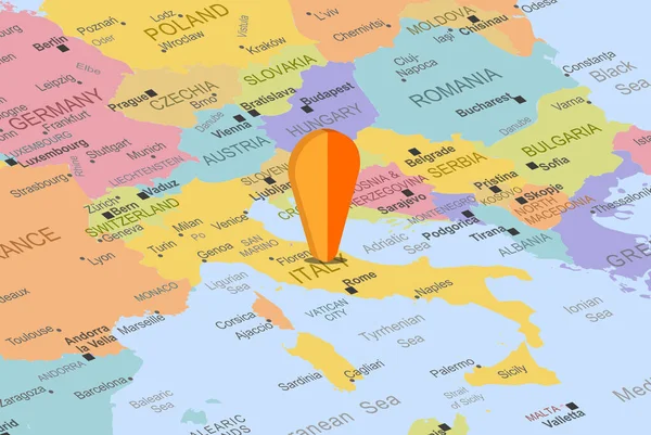 Itálie Oranžovým Placeholder Pin Mapě Evropy Zblízka Itálie Dovolená Výlet — Stockový vektor