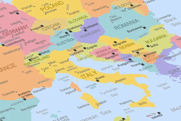 イタリアヨーロッパ地図の真ん中で イタリアを閉じ 旅行のアイデア 固定先 トップビュー 休暇や道路旅行のコンセプト 位置アイコンを持つカラフルな地図 — ストックベクタ
