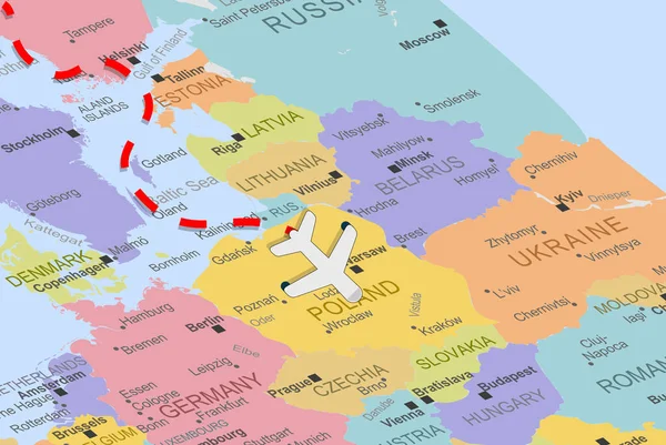 Pologne Avec Avion Ligne Pointillée Sur Carte Europe Gros Plan — Image vectorielle