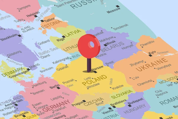 Polonia Con Marcador Posición Ubicación Roja Mapa Europa Primer Plano — Vector de stock