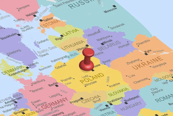 Polen Med Röd Fäststift Europakarta Närbild Polen Nålad Destination Restips — Stock vektor