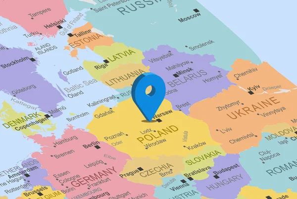 Polonia Con Pin Marcador Posición Azul Mapa Europa Primer Plano — Vector de stock