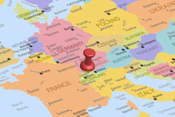 Ελβετίαlad Red Fastener Pushpin Europe Map Close Ελβετίαlad Καρφιτσωμένος Προορισμός — Διανυσματικό Αρχείο