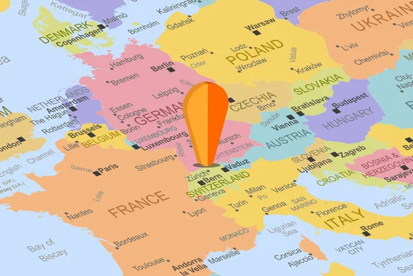 ヨーロッパ地図上のオレンジ色のプレースホルダーピンを持つスイス スイス 休暇や道路旅行のコンセプトを閉じ 固定先 旅行のアイデア トップビュー 位置アイコンを持つカラフルな地図 — ストックベクタ