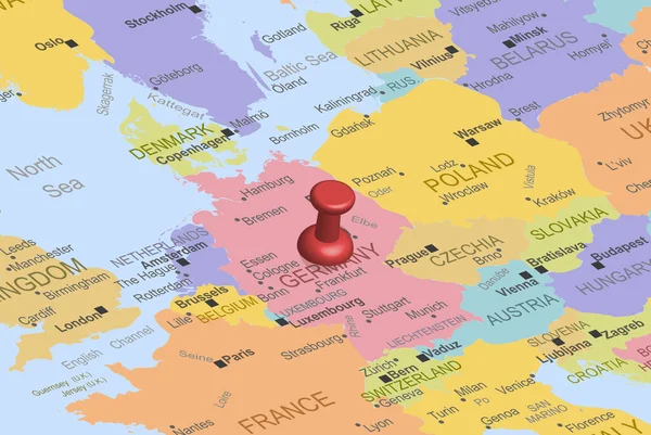 Germany Red Fastener Pushpin Europe Map Close Germany Pinned Destination — стоковый вектор