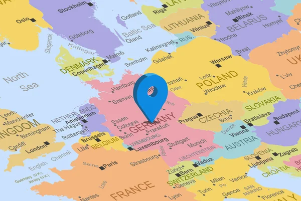 ヨーロッパ地図上の青いプレースホルダーピンを持つドイツ 閉じるドイツ 場所のアイコンを持つカラフルな地図 旅行のアイデア 休暇や道路旅行のコンセプト 固定先 トップビュー — ストックベクタ
