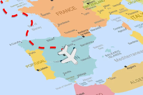 Ισπανία Αεροπλάνο Και Διακεκομμένη Γραμμή Στο Χάρτη Της Ευρώπης Close — Διανυσματικό Αρχείο
