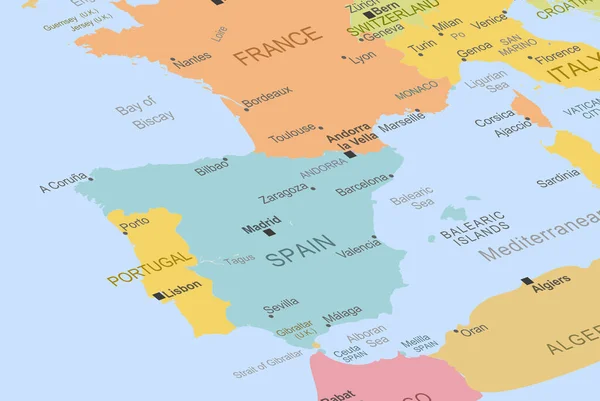 スペインはヨーロッパ地図の真ん中で スペインを閉じ 旅行のアイデア 固定先 トップビュー 休暇や道路旅行のコンセプト 場所のアイコンを持つカラフルな地図 — ストックベクタ