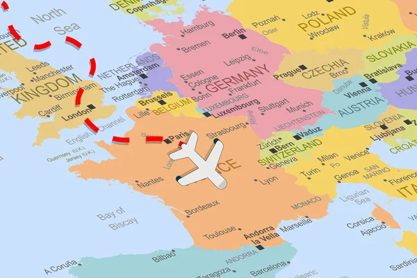 France Avec Avion Ligne Pointillée Sur Carte Europe Gros Plan — Image vectorielle