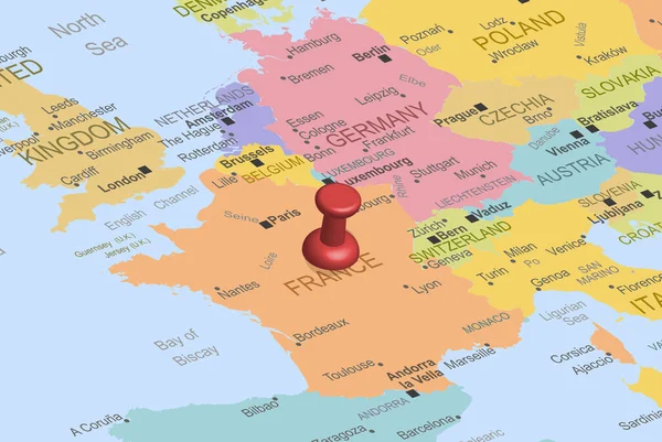 France Red Fastener Pushpin Europe Map Close France Pinned Destination — стоковый вектор