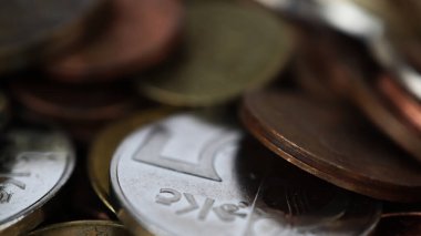 Beyaz arkaplanda izole edilmiş metal paraların makro görüntüsü, para tasarrufu, seçici odak, platforma farklı değişimler