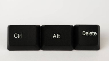 Ctrl alt silme kısayolu metni beyaz bckground, bilgisayar terminolojisi, beyaz Ctrl alt silme harfleri siyah klavyede, üst görünümde izole edilmiş klavye tuşları ile oluşturuldu