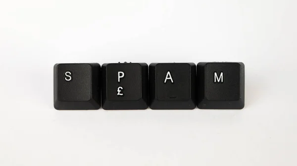 Spam Κείμενο Που Δημιουργήθηκε Πλήκτρα Πληκτρολογίου Που Απομονώνονται Λευκό Φόντο — Φωτογραφία Αρχείου