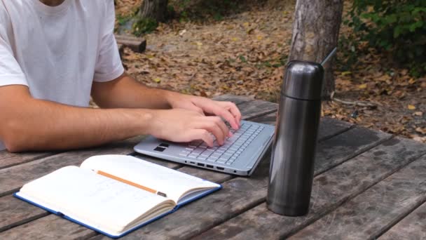 Mano Del Hombre Usando Ordenador Portátil Tomando Notas Naturaleza Trabajando — Vídeo de stock