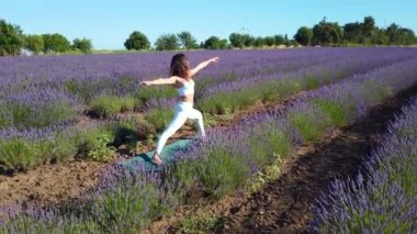 Lavanta tarlasında savaşçı yoga pozu. Uzun kahverengi saçlı bir kadın bacaklarını, gövdesini ve sırtını güçlendirmek için vücudunun ön kısmını gerer. Enerji ve istikrar hissi.