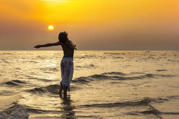 Beautiful Woman Sea Bathers Clothes Embraces Waist Woman Dancing Water Stock Image