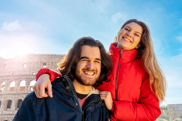 Young Couple Traveling Rome Couple Smiles Takes Selfie Front Colosseum Royalty Free Stock Photos