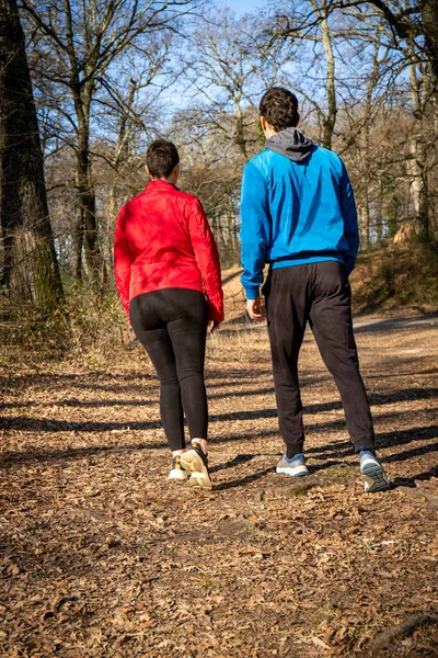Beautiful young couple is hiking in the woods. The couple is seen from behind while walking among the trees. Travel and nature concept.