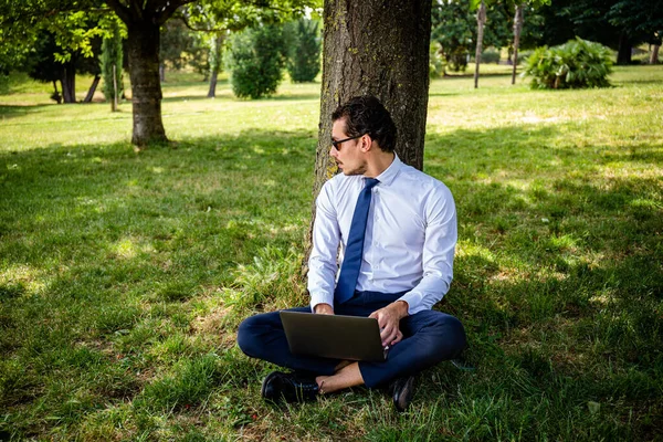 The beautiful business man is working in a park. The young business man is sitting on the lawn and writes a work email.