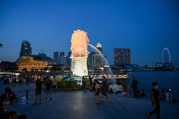 Merlion Park Kultowy Posąg Singapurze Nocy Merlion Mityczne Stworzenie Głową — Zdjęcie stockowe
