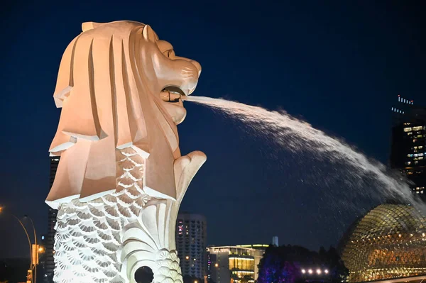 Merlion Park Una Estatua Icónica Singapur Por Noche Merlion Una — Foto de Stock