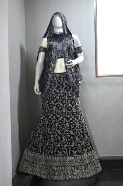 Mumbai, Maharashtra / Hindistan 19 Haziran 2022: Kumaş dükkanının önünde manken kadın model Saree giyerek