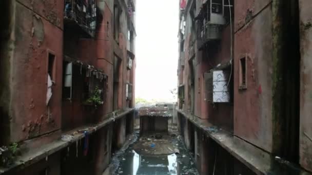 Drone Shoot Dirty Garbage Sublinha Aliado Edifícios Edifícios Sistema Chawl — Vídeo de Stock