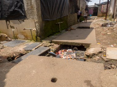 Mumbai, Maharashtra / India  March 2, 2020 : Open gutter sewer line in slum area of Mumbai, India.