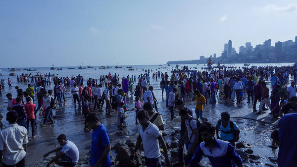 Mumbai, Maharashtra, India - September 5, 2017 : Indian Hindu God Ganesh Visarjan at Girgaum,Mumbai mass gathering of public