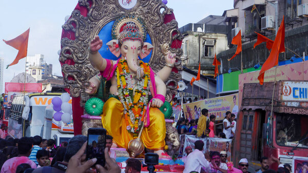 Mumbai, Maharashtra, India - September 5, 2017 : Indian Hindu God Ganesh Visarjan at Girgaum,Mumbai mass gathering of public