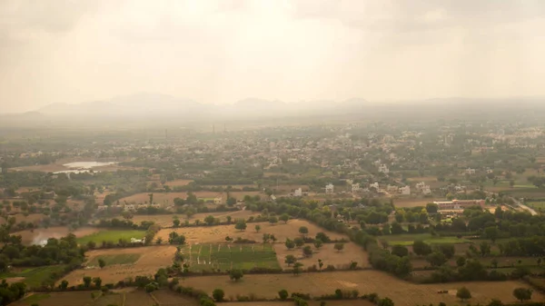 Vista Aérea Del Paisaje Las Granjas Ciudad Campos Tierra Desde — Foto de Stock