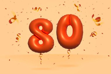 3D numara 80 indirimli indirimli konfeti Foil 3d turuncu helyum balon vektörü. Poster, afiş reklamları, alışveriş çantası, hediye kutusu, doğum günü, yıldönümü