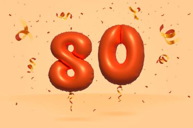 3d number 80 Sale off discount promotion made of realistic confetti Foil 3d Orange helium balloon vector. Illustration for selling poster, banner ads, shopping bag, gift box, birthday, anniversary clipart