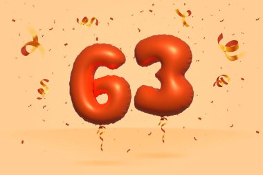 3D numara 63 indirimli indirim promosyonu gerçekçi konfeti Foil 3d Orange helyum balon vektörü. Poster, afiş reklamları, alışveriş çantası, hediye kutusu, doğum günü, yıldönümü