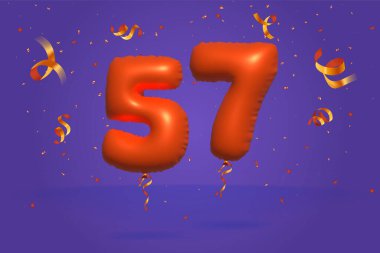 3D numara 57 indirimli indirim promosyonu gerçekçi konfeti Foil 3d turuncu helyum balon vektöründen yapıldı. Poster, afiş reklamları, alışveriş çantası, hediye kutusu, doğum günü, yıldönümü