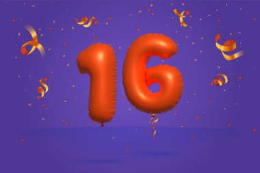 3d number 16 Sale off discount promotion made of realistic confetti Foil 3d Orange helium balloon vector. Illustration for selling poster, banner ads, shopping bag, gift box, birthday, anniversary clipart