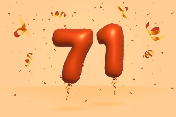三维数字71销售折扣促销由现实的Confetti Foil 3D橙色氦气气球矢量 售卖海报 横幅广告 购物袋 礼品盒 周年纪念日的图例 — 图库矢量图片