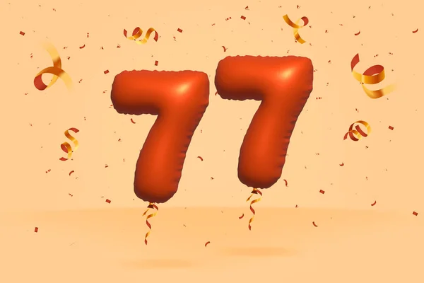 3D番号77現実的なコンフェッティ箔3Dオレンジヘリウムバルーンベクトルで作られた割引プロモーションを販売しています ポスター バナー広告 ショッピングバッグ ギフトボックス 誕生日 記念日を販売するためのイラスト — ストックベクタ